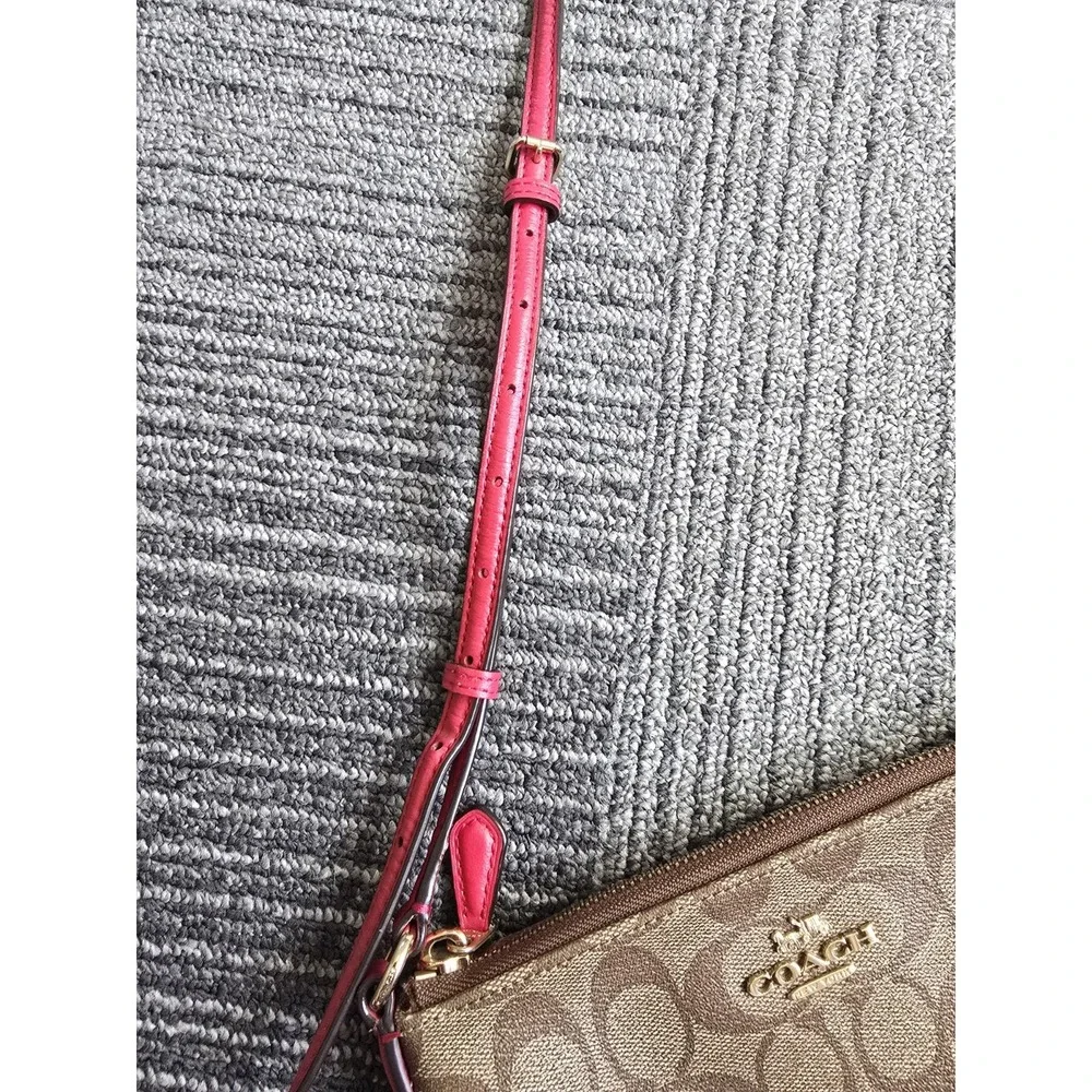 Coach North South Crossbody Bag Signature Canvas Khaki Bright Pink F58309 NEW
